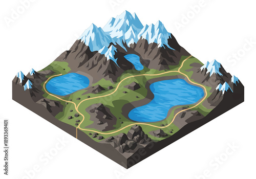 Isometric 3D view illustration of a Patagonian-inspired glacier landscape with icy mountains, lakes, rocky terrain, and dramatic wilderness scenery