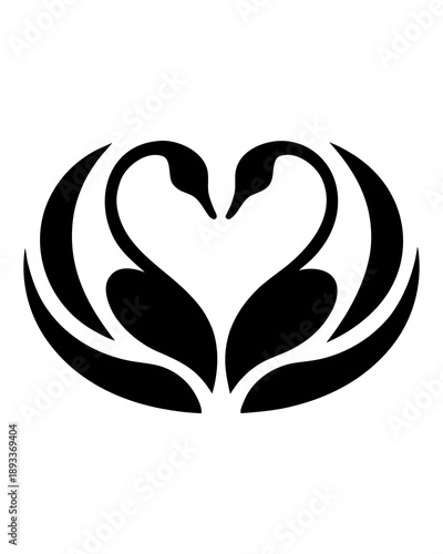Black silhouette of two elegant swans forming a heart shape with their necks. Vector illustration of bird couple logo for Valentine's Day, wedding invitation, romantic symbol, or tattoo design.