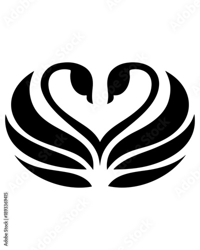 Black silhouette of two elegant swans forming a heart shape with their necks. Vector illustration of bird couple logo for Valentine's Day, wedding invitation, romantic symbol, or tattoo design.