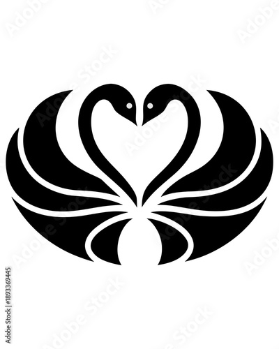 Black silhouette of two elegant swans forming a heart shape with their necks. Vector illustration of bird couple logo for Valentine's Day, wedding invitation, romantic symbol, or tattoo design.