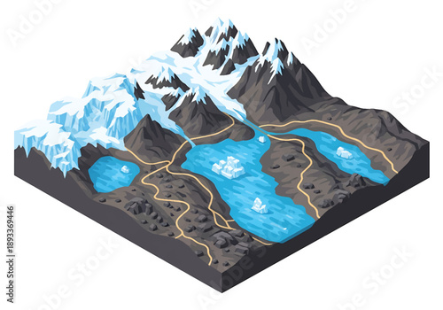 Isometric 3D view illustration of a Patagonian-inspired glacier landscape with icy mountains, lakes, rocky terrain, and dramatic wilderness scenery