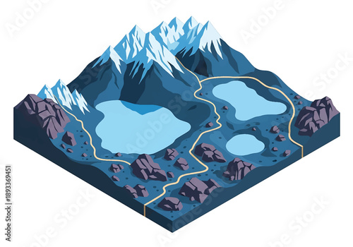 Isometric 3D view illustration of a Patagonian-inspired glacier landscape with icy mountains, lakes, rocky terrain, and dramatic wilderness scenery