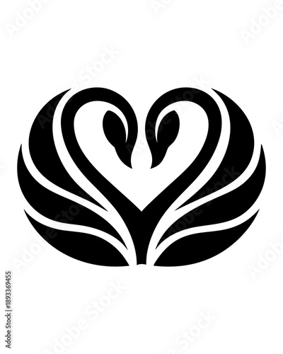 Black silhouette of two elegant swans forming a heart shape with their necks. Vector illustration of bird couple logo for Valentine's Day, wedding invitation, romantic symbol, or tattoo design.