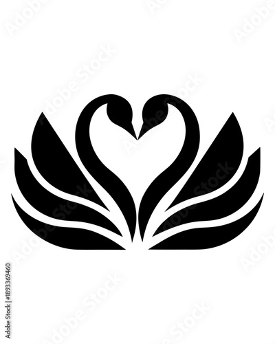 Black silhouette of two elegant swans forming a heart shape with their necks. Vector illustration of bird couple logo for Valentine's Day, wedding invitation, romantic symbol, or tattoo design.