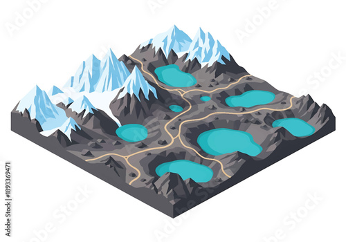 Isometric 3D view illustration of a Patagonian-inspired glacier landscape with icy mountains, lakes, rocky terrain, and dramatic wilderness scenery