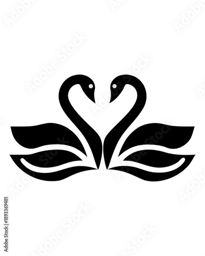 Black silhouette of two elegant swans forming a heart shape with their necks. Vector illustration of bird couple logo for Valentine's Day, wedding invitation, romantic symbol, or tattoo design.
