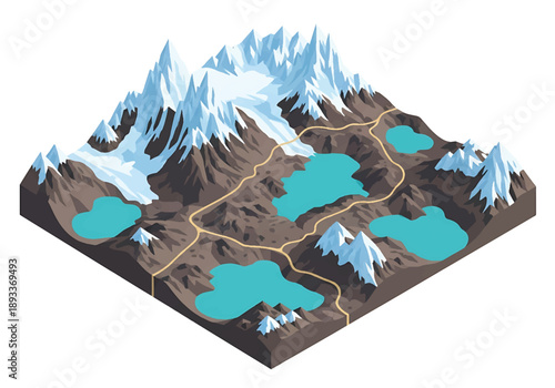 Isometric 3D view illustration of a Patagonian-inspired glacier landscape with icy mountains, lakes, rocky terrain, and dramatic wilderness scenery