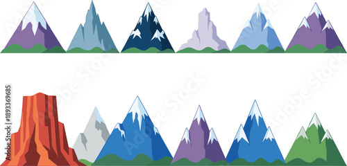 Mountain landscape silhouette collection with snowy peaks, cliffs and colorful terrain shapes vector illustration