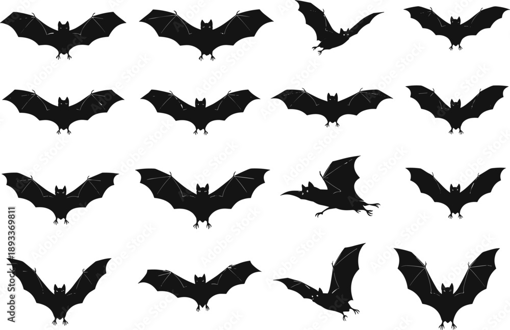 Fototapeta premium Flying bat silhouette collection with different wing positions for halloween horror design vector illustration