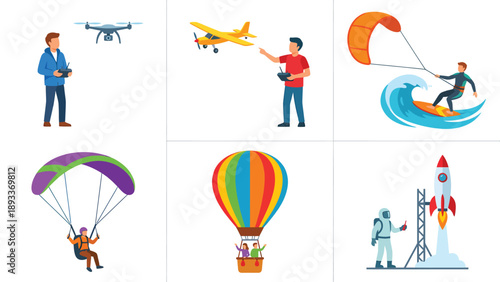 Aerial Activities & Flying Adventures: Drone, RC Plane, Kitesurfing, Parachuting, Hot Air Balloon, Rocket Launch Illustrations