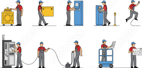 Industrial technician and factory worker performing maintenance tasks flat vector illustration set