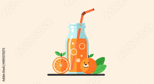 A refreshing bottle of orange juice with whole and sliced oranges and leaves