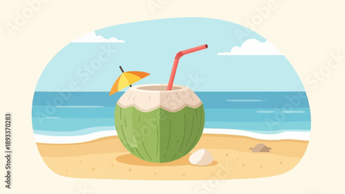 A refreshing coconut drink sits on a sandy beach by the ocean