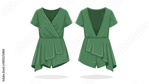 Chic green women's playsuit featuring a flattering wrap-style V-neck short sleeves and elasticated waist with elegant asymmetrical draped shorts