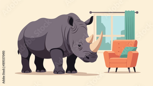 A rhino stands next to an armchair in a room with a window