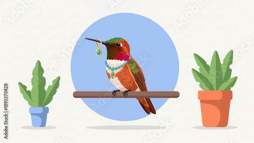 A richly adorned hummingbird with a jewel in its beak perches