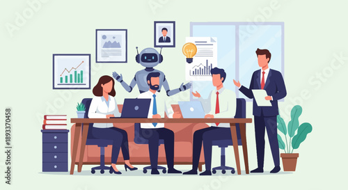 A robot and four people in a modern office collaborate around a table