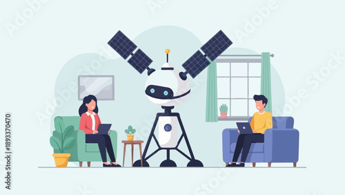 A robot with solar panels sits between two people on laptops at home