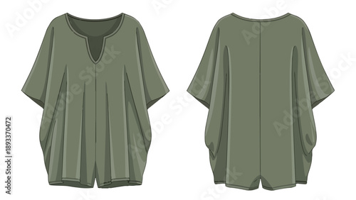 Relaxed v-neck tunic technical drawing showcasing adaptable fashion design elements for comfortable wear and stylish layering contemporary apparel
