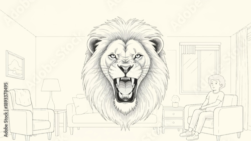 A roaring lion head dominates a living room scene with a seated young man