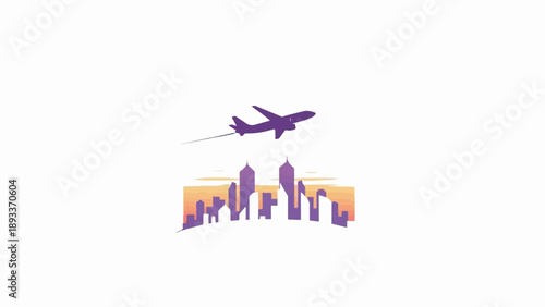 A purple airplane flies over a stylized purple city skyline at sunset
