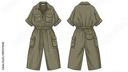 Contemporary utility jumpsuit flat sketch in olive green, featuring practical cargo pockets and a comfortable cinched waist design for modern