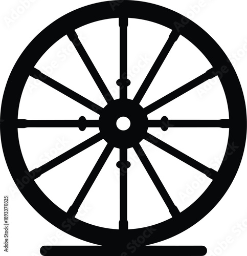 Minimal vector wheel icon silhouette, solid black, symmetrical spoke design, smooth edges, flat modern style, isolated on white.