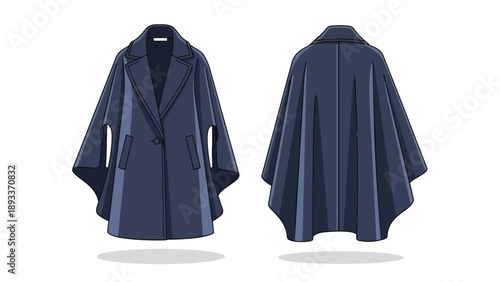 Elegant dark blue women's cape coat flat technical drawing showing front and back views. Ideal for fashion design, textile projects, and apparel