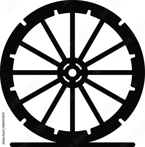 Minimal vector wheel icon silhouette, solid black, symmetrical spoke design, smooth edges, flat modern style, isolated on white.