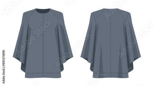 Elegant minimalist grey tunic top with wide flowing sleeves, a versatile fashion flat illustration showcasing front and back views for modern
