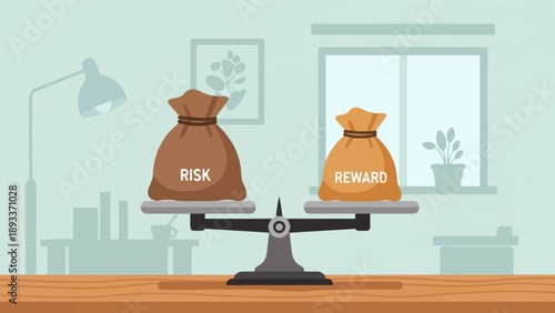 A scale balances a sack of risk against a sack of reward in a room