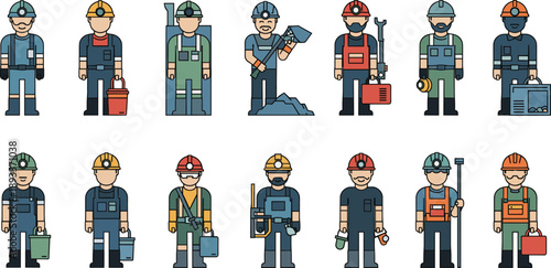 Construction and industrial workers characters with tools collection flat vector illustration set