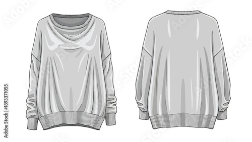 Fashion illustration of a relaxed fit long-sleeve women's cowl neck sweater design flat sketch apparel drawing