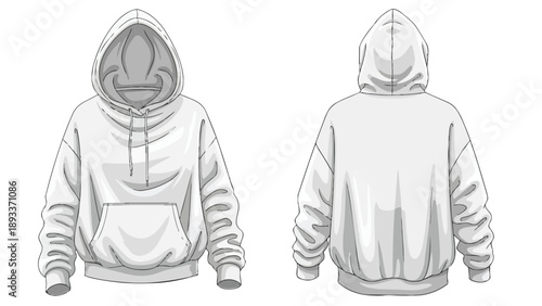 Precision technical drawing of a versatile blank hooded sweatshirt, presenting comprehensive front and back views for effective apparel design and