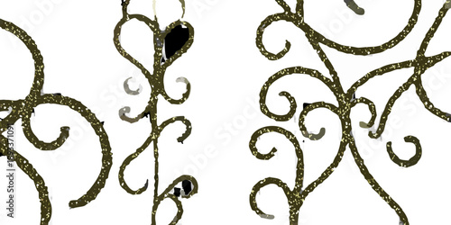 Golden swirling patterns against a dark black background create an elegant design