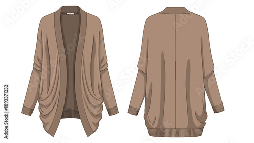 Technical fashion flat illustration showing front and back views of a versatile comfortable brown women's open front draped casual cardigan for