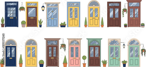 Colorful residential house front doors with plants collection flat vector illustration set