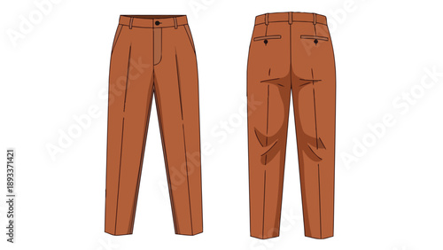 Classic brown pleated trousers design illustration front and back views