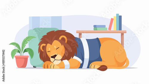A sleeping lion in a blue garment rests comfortably indoors next to a plant