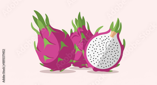 A vibrant illustration of pink dragon fruits with green leaves, one sliced
