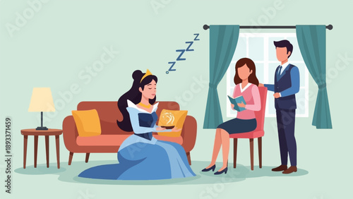 A sleeping princess on a couch while a couple reads