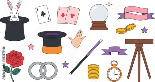 Magic show props and illusion elements collection flat vector illustration set for performance design