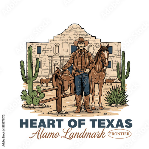 Heart of Texas Alamo landmark with cowboy and horse frontier