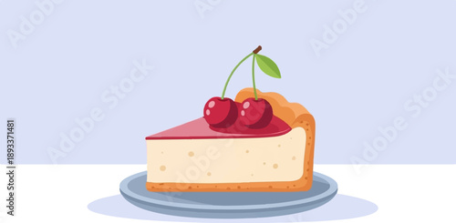 A slice of cheesecake topped with red jelly and two cherries