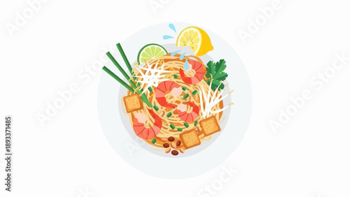 A vibrant, overhead view of a delicious noodle dish with shrimp and lime
