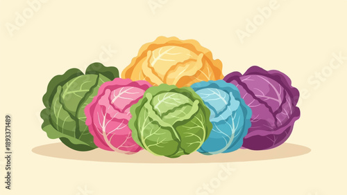 A vibrant, pixelated illustration of six distinctively colored cabbages arranged in a curved line