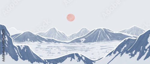 Blue ice mountain painting. Mid century modern art print. Abstract contemporary aesthetic backgrounds landscapes