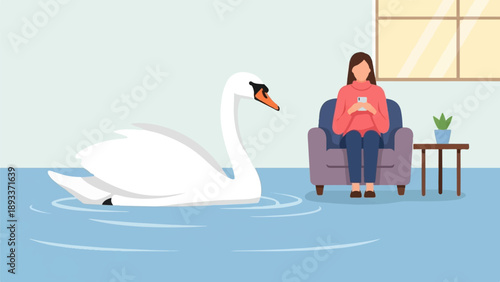 A woman sits in a chair, using her phone, as a swan swims on the floor
