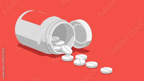 A white pill bottle lies on its side, spilling white pills onto a red surface