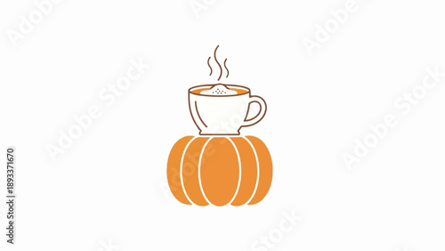 A white mug with a brown rim rests atop an orange pumpkin